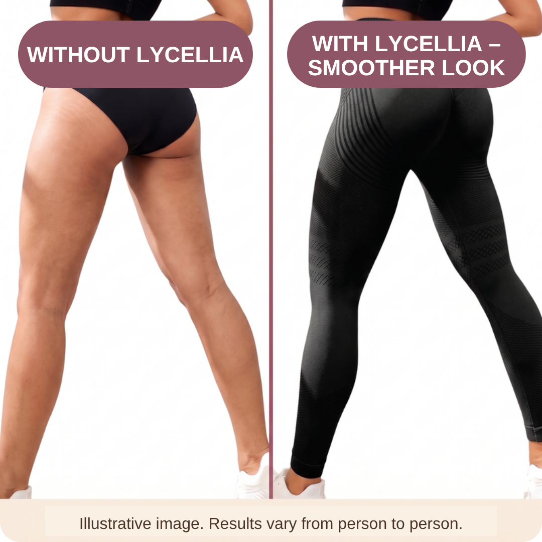 Illustrative image: legs without Lycellia leggings vs with Lycellia leggings